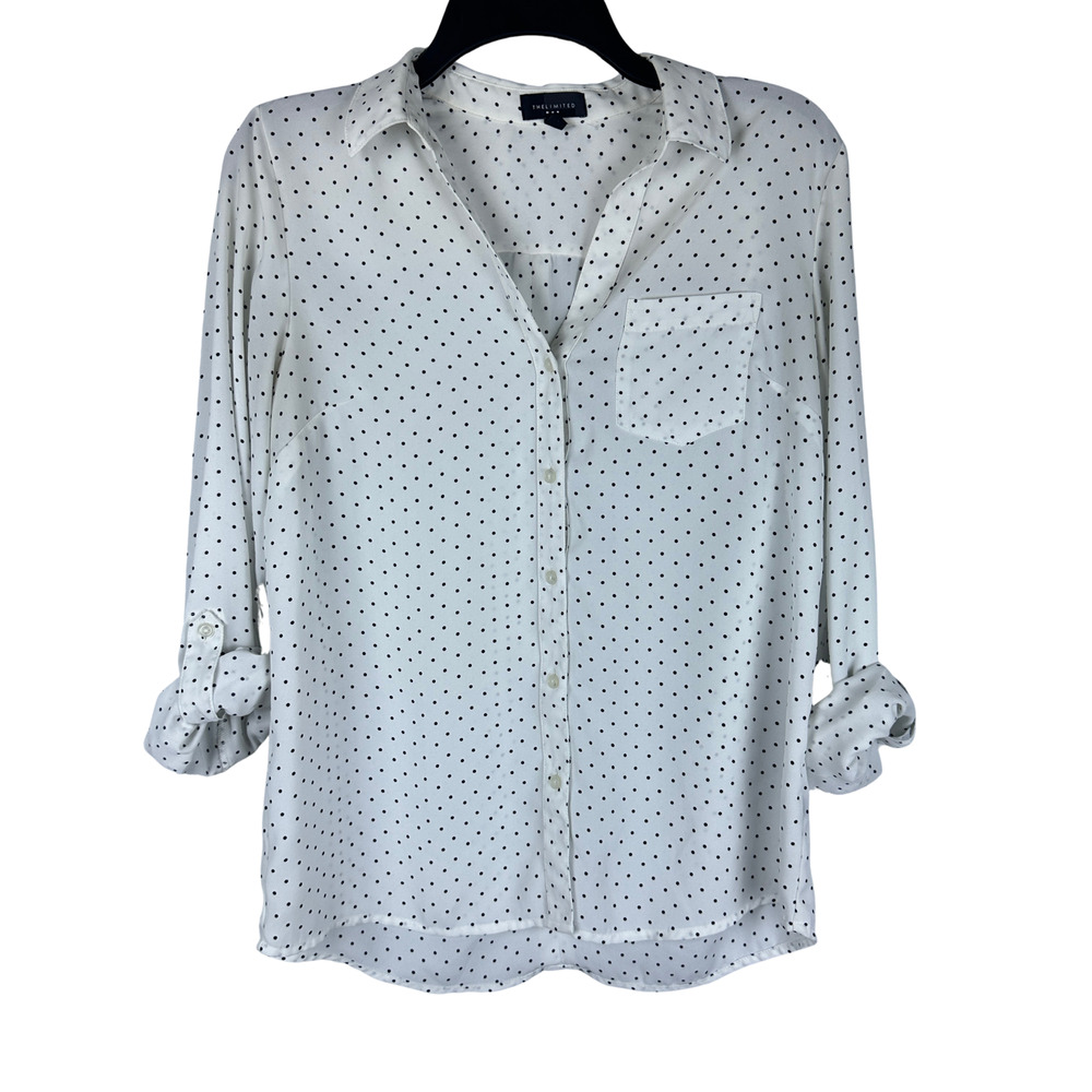 The Limited Polka Dot V Neck Roll Tab Sleeve Button Up Blouse - Size Small